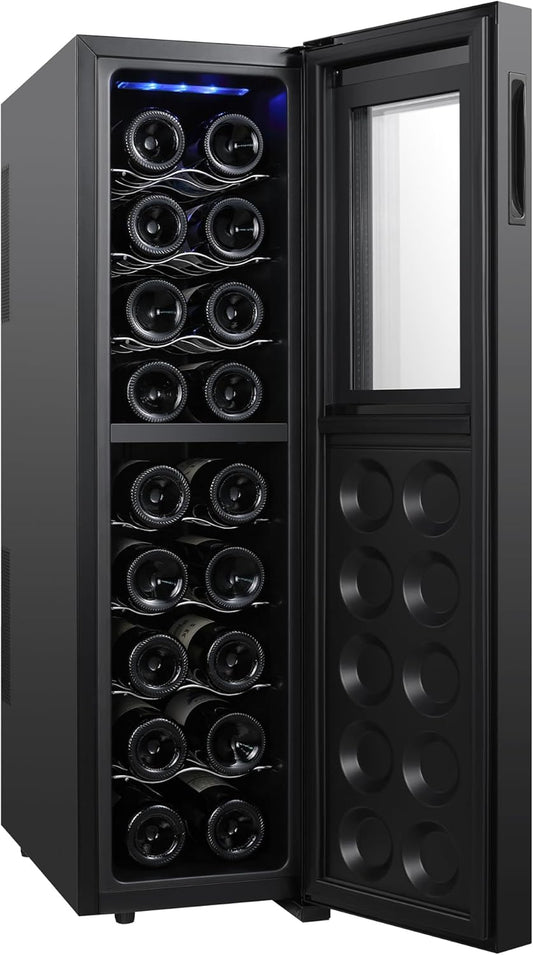 Koolatron Wine Fridge - Wine Cooler, 18 Bottle Wine Cabinet for Champagne, Red & White Wine, Dual Zone Thermoelectric Freestanding Cellar For Bar, Home, Kitchen, Double Paned Glass Door, (53L). Has some damaged on the back side - with Black 18 Bottle | Sold by Uncle Wiener's Wholesale
