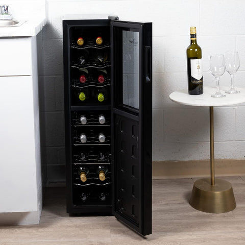 Koolatron Wine Fridge - Wine Cooler, 18 Bottle Wine Cabinet for Champagne, Red & White Wine, Dual Zone Thermoelectric Freestanding Cellar For Bar, Home, Kitchen, Double Paned Glass Door, (53L). Has some damaged on the back side - with Black 18 Bottle | Sold by Uncle Wiener's Wholesale