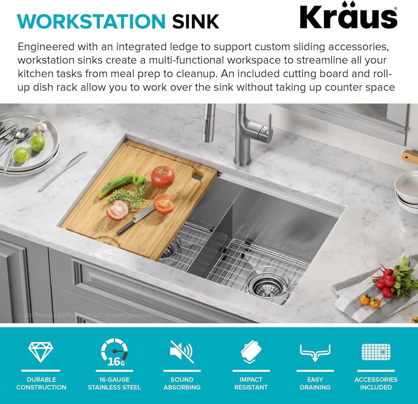 KRAUS Kore Workstation 30 - inch Undermount 16 Gauge Stainless Steel Kitchen Sink, Double Bowl Kitchen Sink with Accessories, KWU112 - 30 - with Stainless Steel | Sold by Uncle Wiener's Wholesale