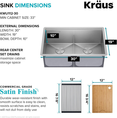 KRAUS Kore Workstation 30 - inch Undermount 16 Gauge Stainless Steel Kitchen Sink, Double Bowl Kitchen Sink with Accessories, KWU112 - 30 - with Stainless Steel | Sold by Uncle Wiener's Wholesale