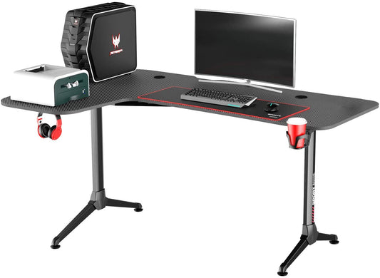 L - Shape Carbon Fiber Gaming Desk – Corner Computer Desk with Accessories HL1610 - with Left Side Configuration | Sold by Uncle Wiener's Wholesale