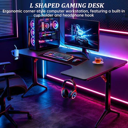 L-Shaped Gaming Desk with Cup Holder, Headphone Hook, Large Mouse Pad & Adjustable Feet for Gaming, Office, Study & Computer Setup - with L-Shaped Gaming Desk Left | Sold by Uncle Wiener's Wholesale