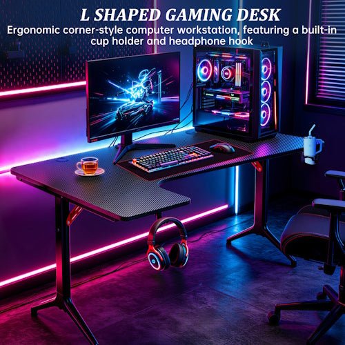 L-Shaped Gaming Desk with Cup Holder, Headphone Hook, Large Mouse Pad & Adjustable Feet for Gaming, Office, Study & Computer Setup - with L-Shaped Gaming Desk Right | Sold by Uncle Wiener's Wholesale