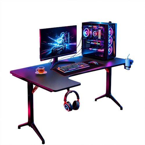 L-Shaped Gaming Desk with Cup Holder, Headphone Hook, Large Mouse Pad & Adjustable Feet for Gaming, Office, Study & Computer Setup - with L-Shaped Gaming Desk Right | Sold by Uncle Wiener's Wholesale