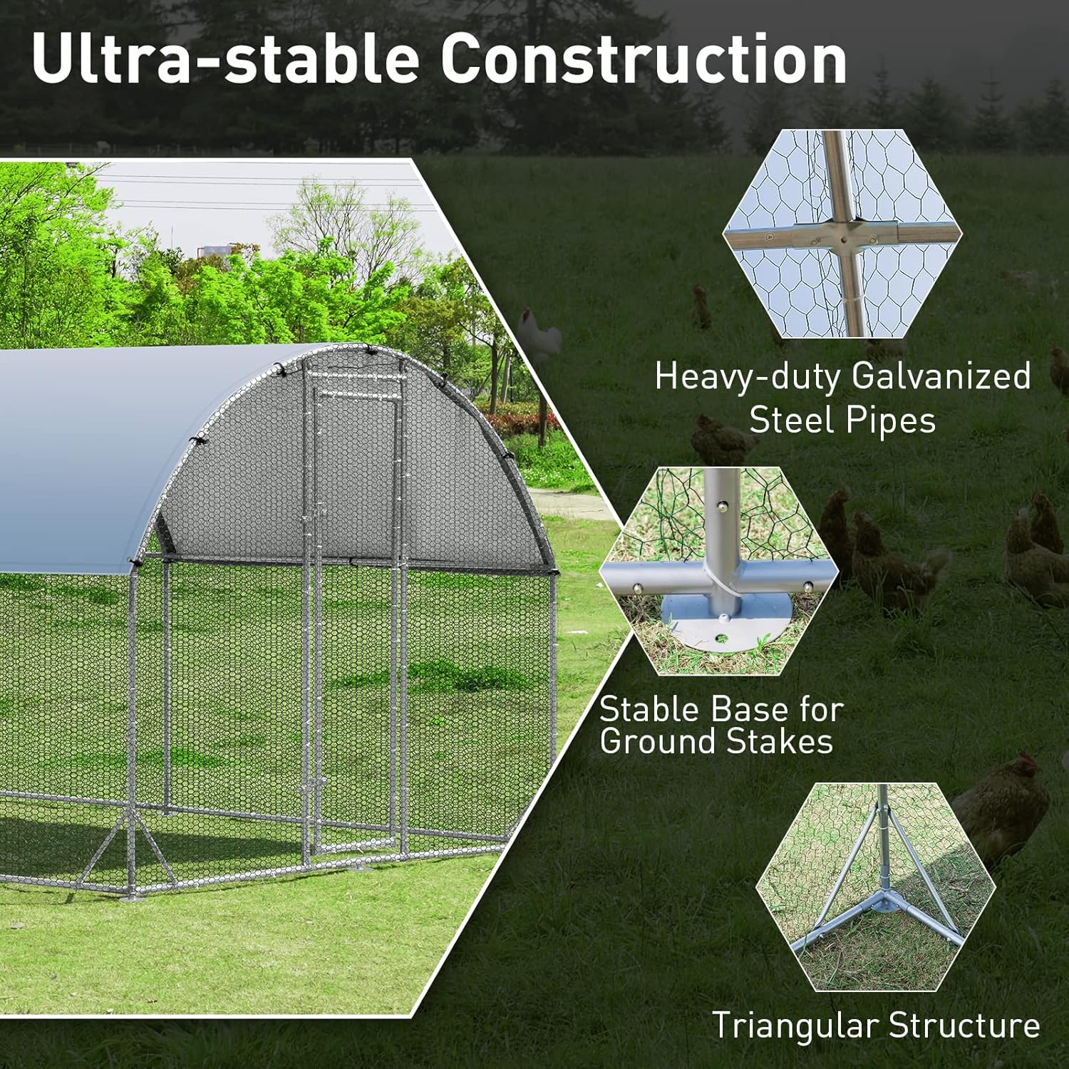 Large Metal Chicken Coop 25 x 9.2 x 6.5ft with Waterproof Cover – Dome Shaped Walk - in Outdoor Poultry Cage – 150630 - with | Sold by Uncle Wiener's Wholesale