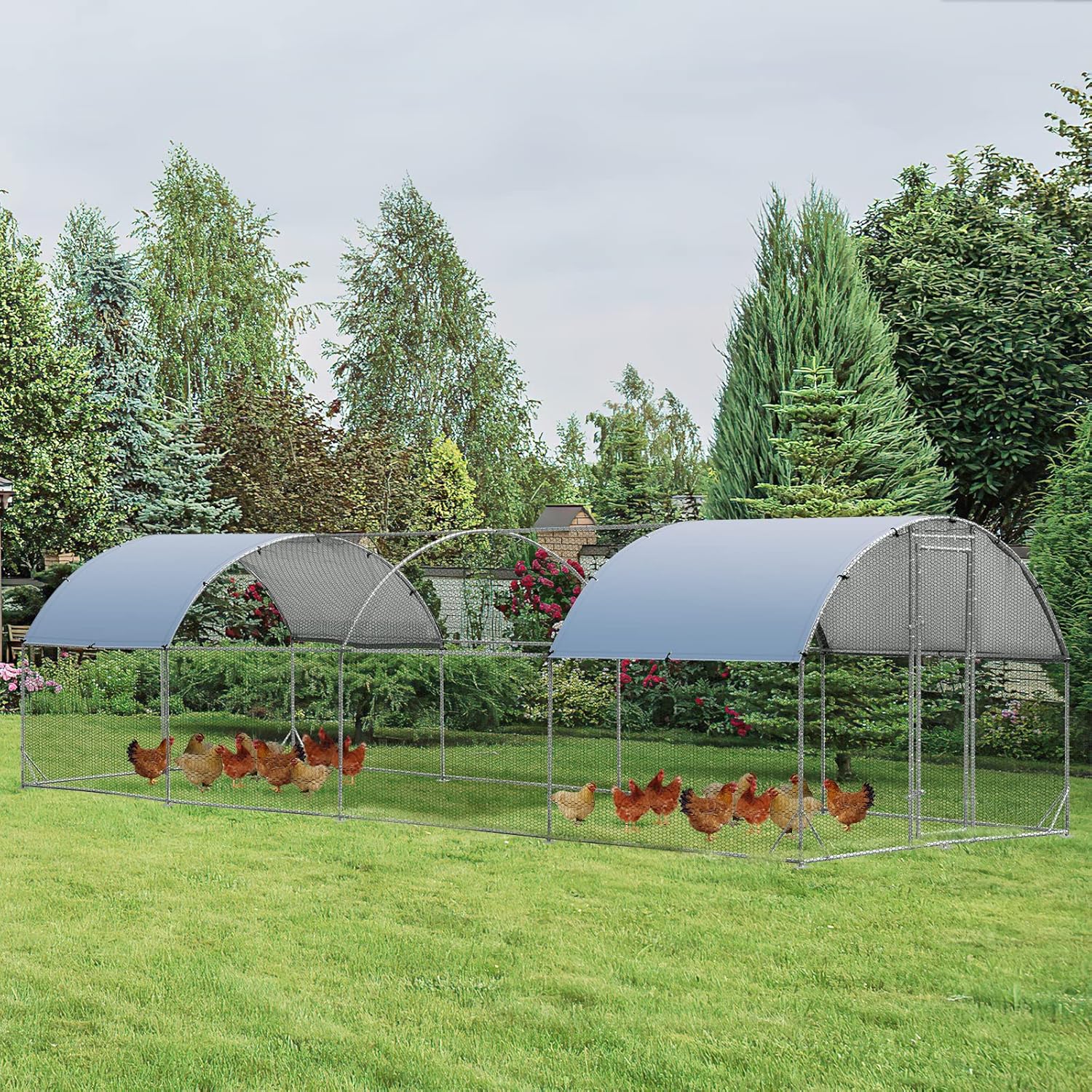 Large Metal Chicken Coop 25 x 9.2 x 6.5ft with Waterproof Cover – Dome Shaped Walk - in Outdoor Poultry Cage – 150630 - with | Sold by Uncle Wiener's Wholesale