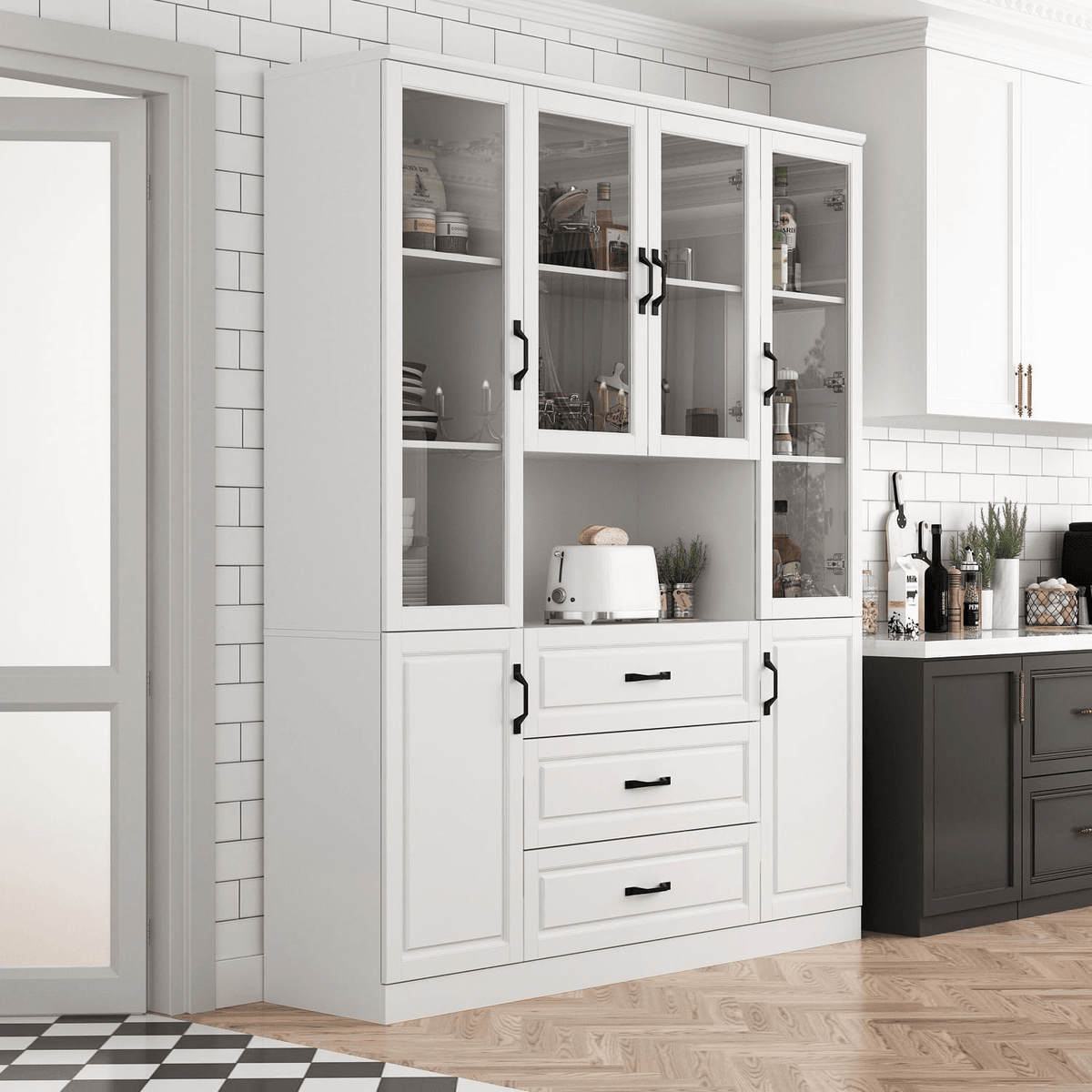 Large White Kitchen Pantry Buffet Cabinet with Glass Doors, Drawers & Display Storage KI005W - with | Sold by Uncle Wiener's Wholesale