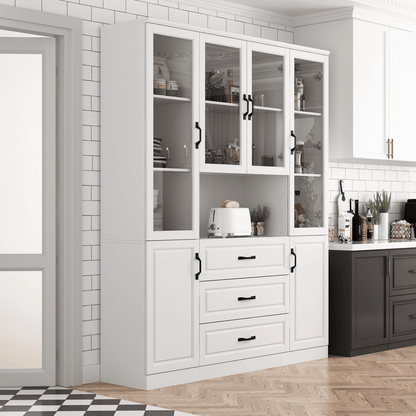 Large White Kitchen Pantry Buffet Cabinet with Glass Doors, Drawers & Display Storage KI005W - with | Sold by Uncle Wiener's Wholesale