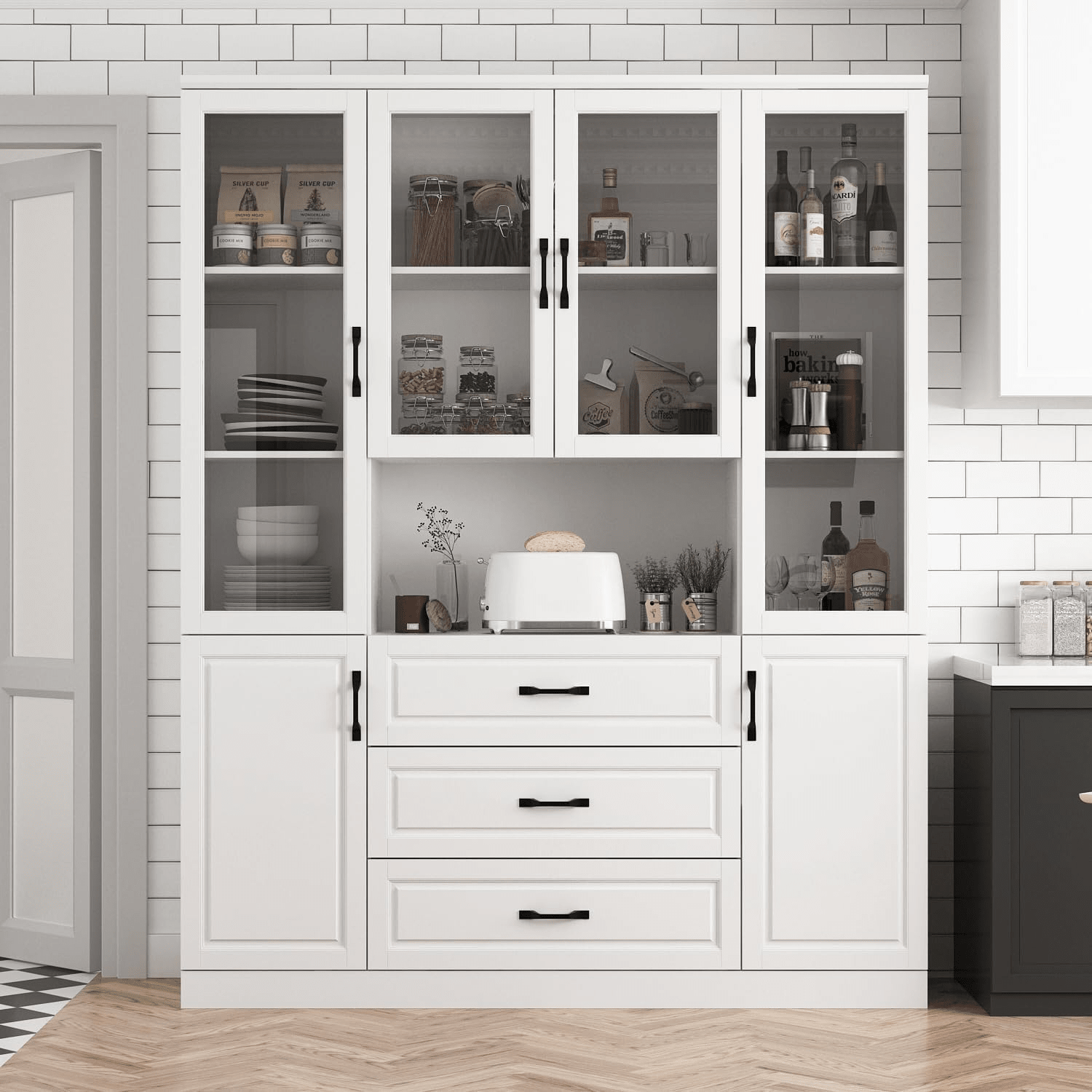 Large White Kitchen Pantry Buffet Cabinet with Glass Doors, Drawers & Display Storage KI005W - with | Sold by Uncle Wiener's Wholesale