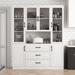 Large White Kitchen Pantry Buffet Cabinet with Glass Doors, Drawers & Display Storage KI005W