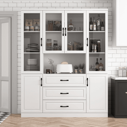 Large White Kitchen Pantry Buffet Cabinet with Glass Doors, Drawers & Display Storage KI005W - with | Sold by Uncle Wiener's Wholesale