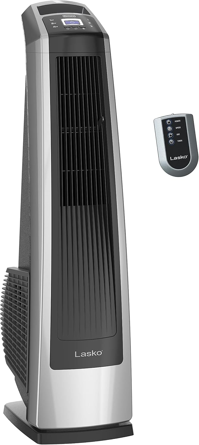 Lasko High Velocity Oscillating Tower Fan for Bedroom, Garage, Basement, and Gym with Remote Control, Timer, 3 Powerful Speeds, 35" Silver/Black, U35115 - with | Sold by Uncle Wiener's Wholesale