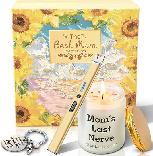 LcFun Mom Gift Set – Lavender Scented Soy Candle, USB-C Electric Candle Lighter & Mom Keychain in Gift Box - Home decor with | Sold by Uncle Wiener's Wholesale