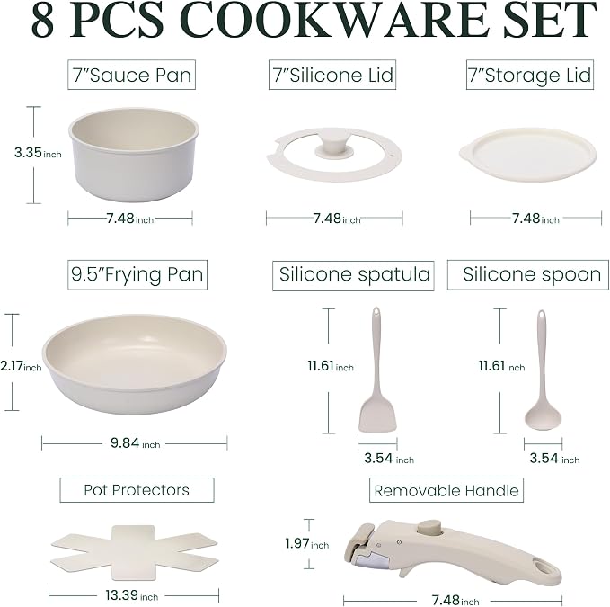LEADKooKers 8-Piece Non-Stick Cookware Set with Detachable Handle – White, Induction Compatible Pots & Pans Set - General Equipment with | Sold by Uncle Wiener's Wholesale