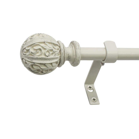 Leaf Ball 86 in. - 128 in. Adjustable Curtain Rod 5/8 in. in Distressed White with Finial - with | Sold by Uncle Wiener's Wholesale