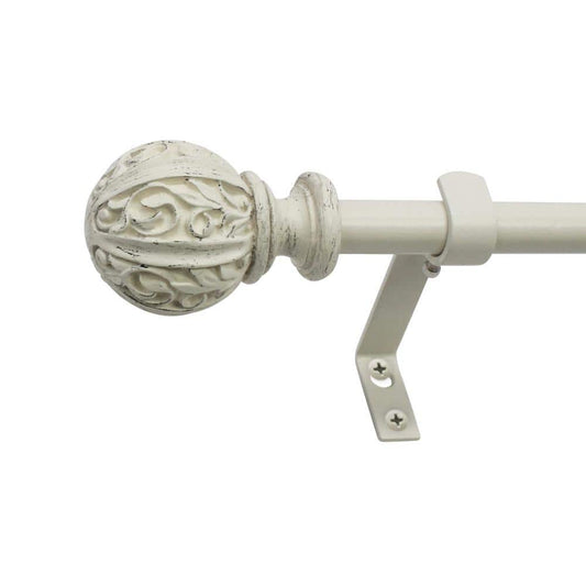Leaf Ball 86 in. - 128 in. Adjustable Curtain Rod 5/8 in. in Distressed White with Finial - with | Sold by Uncle Wiener's Wholesale