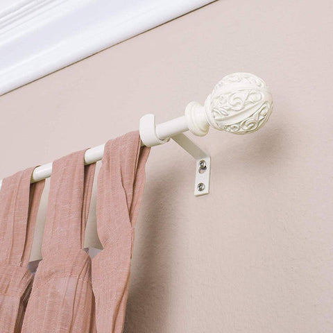 Leaf Ball 86 in. - 128 in. Adjustable Curtain Rod 5/8 in. in Distressed White with Finial - with | Sold by Uncle Wiener's Wholesale