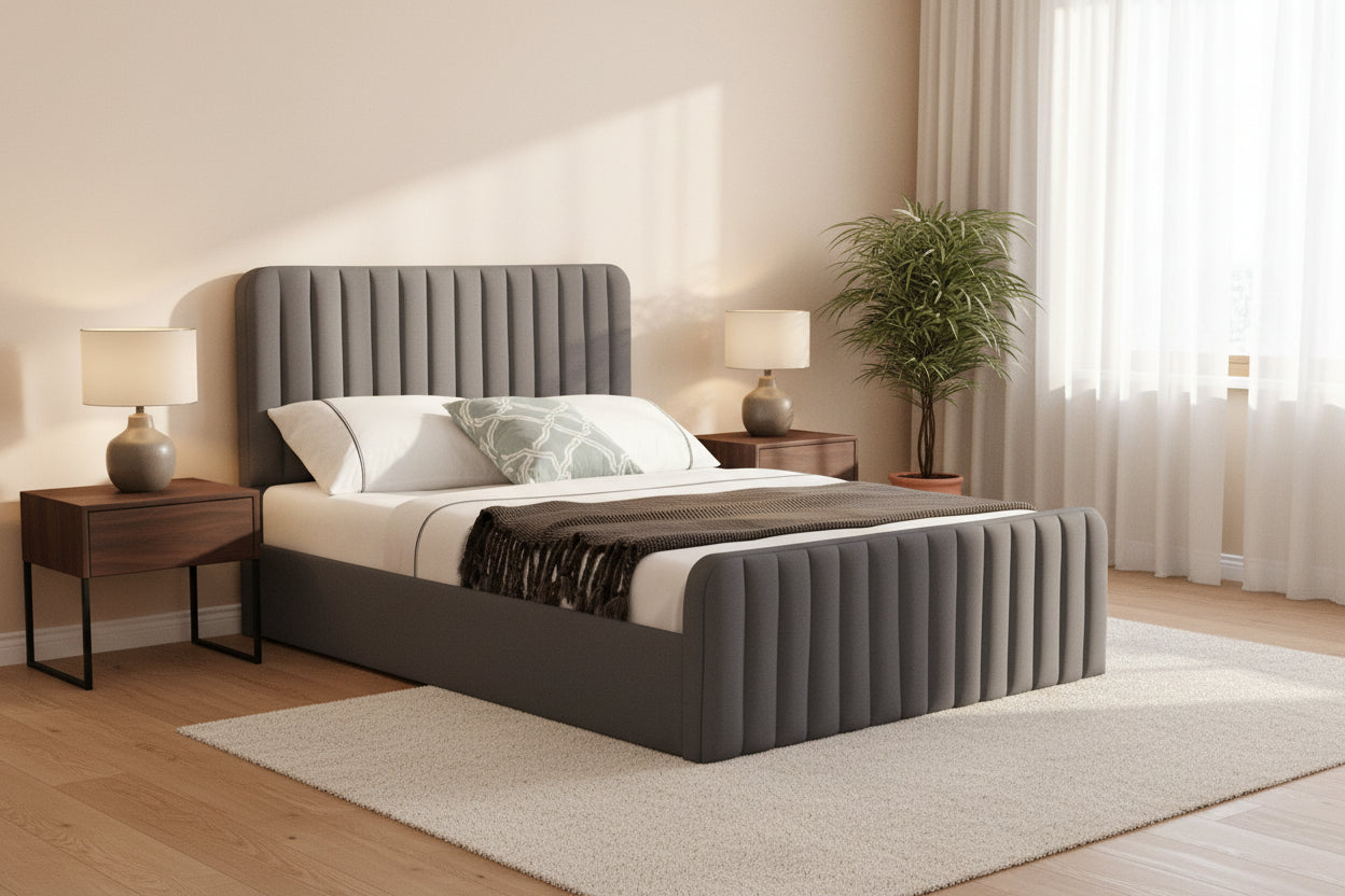 LED Gas Lift Storage Bed with Upholstered Frame & LED Headboard – Queen, Full & King - with Queen | Sold by Uncle Wiener's Wholesale
