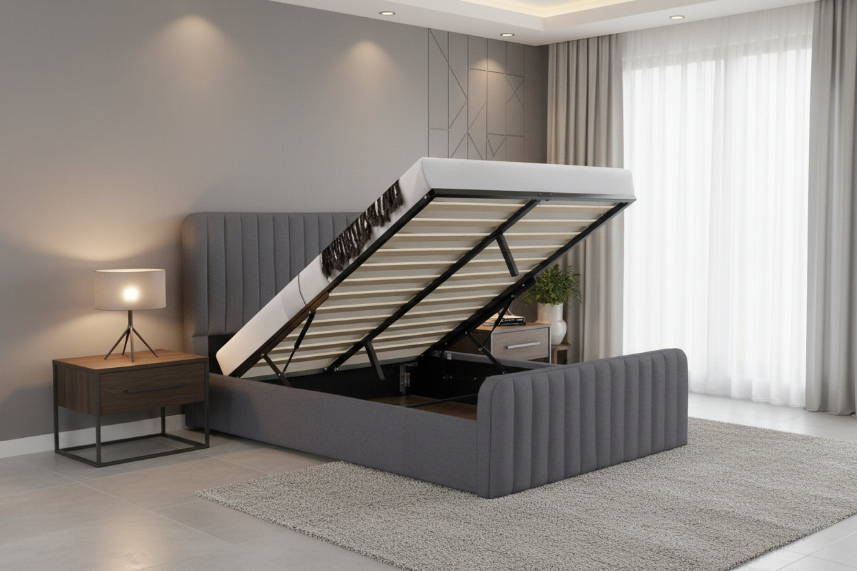 LED Gas Lift Storage Bed with Upholstered Frame & LED Headboard – Queen, Full & King - with Queen | Sold by Uncle Wiener's Wholesale