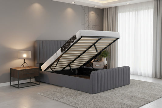 LED Gas Lift Storage Bed with Upholstered Frame & LED Headboard – Queen, Full & King - with Queen | Sold by Uncle Wiener's Wholesale