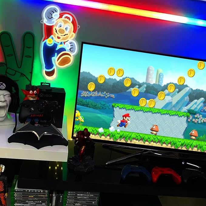 LED Neon Gaming Wall Light Signs – Mario, Hello Kitty, Kirby, Arcade & Gamer Controller Room Decor - General Equipment with Jumping Mario LED Neon Sign 40×21cm (16