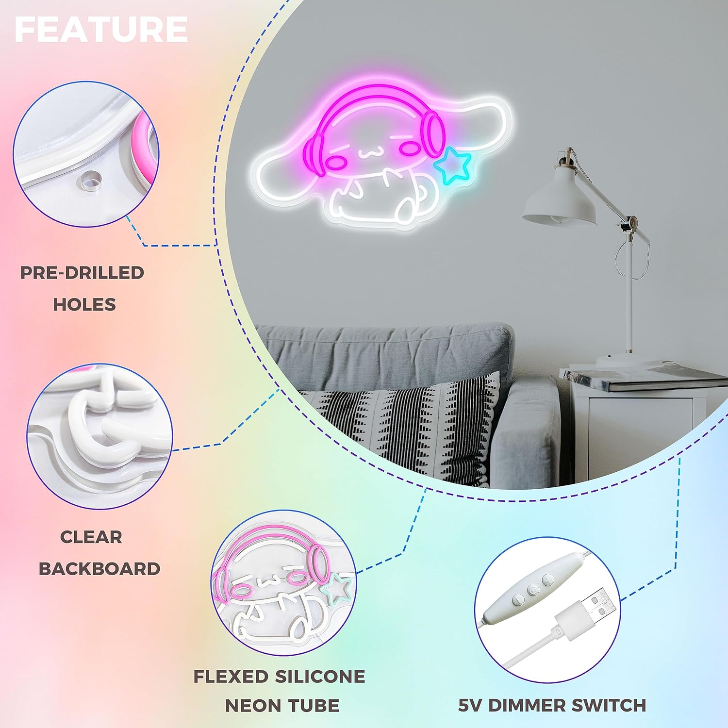 LED Neon Gaming Wall Light Signs – Mario, Hello Kitty, Kirby, Arcade & Gamer Controller Room Decor - General Equipment with Cinnamoroll with headphones LED Neon Sign 43.6×27.5cm (17.2″×10.8″) | Sold by Uncle Wiener's Wholesale