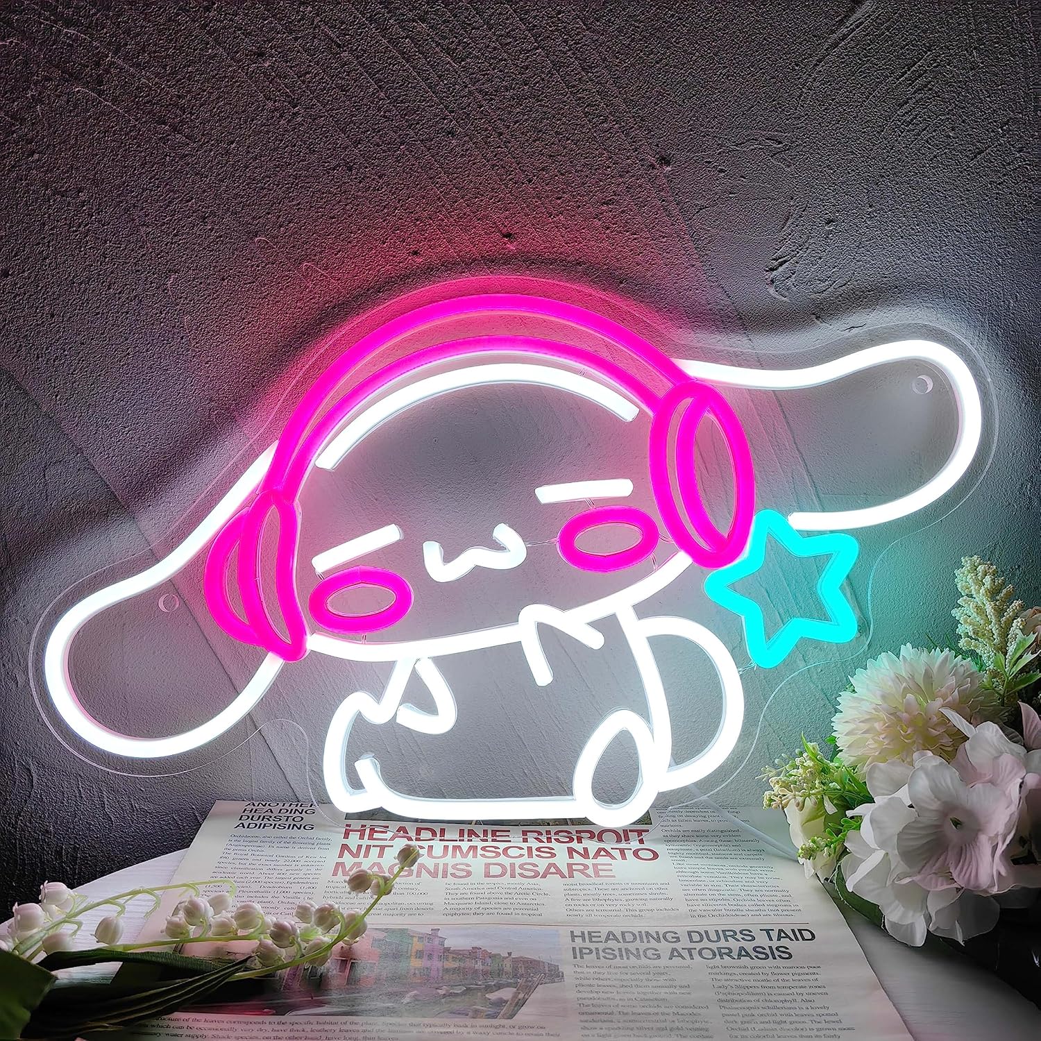 LED Neon Gaming Wall Light Signs – Mario, Hello Kitty, Kirby, Arcade & Gamer Controller Room Decor - General Equipment with Cinnamoroll with headphones LED Neon Sign 43.6×27.5cm (17.2″×10.8″) | Sold by Uncle Wiener's Wholesale