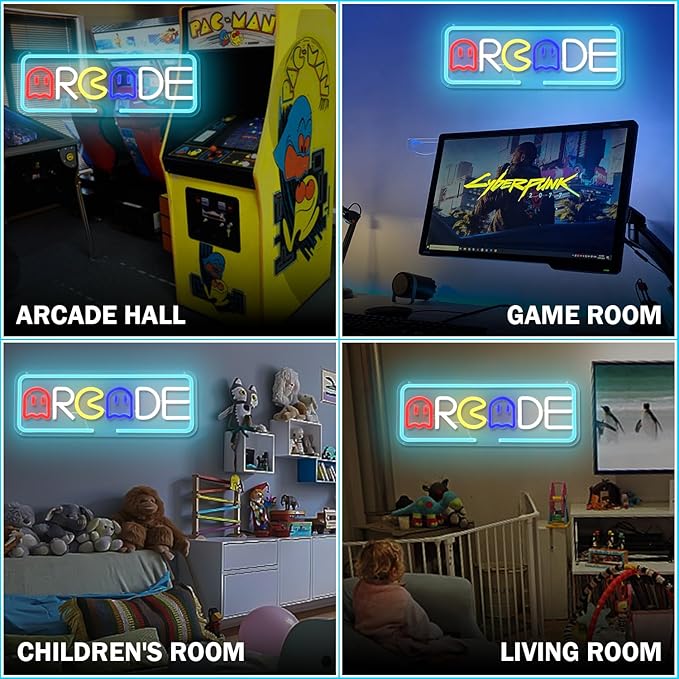 LED Neon Gaming Wall Light Signs – Mario, Hello Kitty, Kirby, Arcade & Gamer Controller Room Decor - General Equipment with Retro Arcade LED Neon Sign 42.5×15cm (17