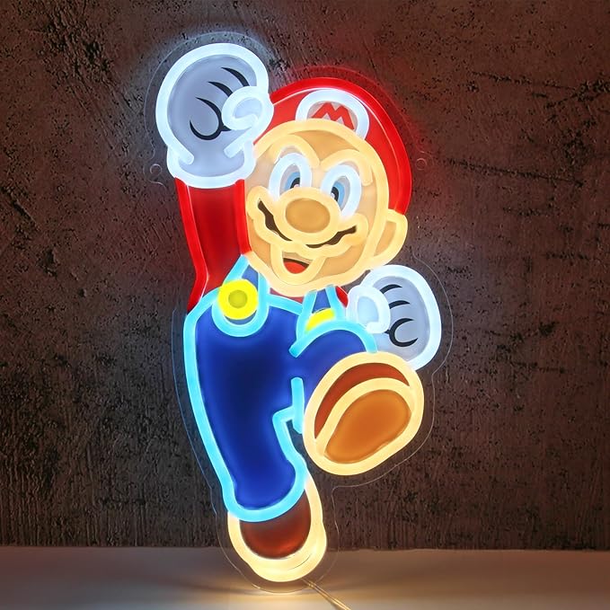 LED Neon Gaming Wall Light Signs – Mario, Hello Kitty, Kirby, Arcade & Gamer Controller Room Decor - General Equipment with Jumping Mario LED Neon Sign 40×21cm (16