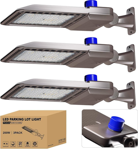 3-pack 200W LED parking lot lights with arm mounts and dusk-to-dawn sensors – 5000K daylight IP65 outdoor commercial lighting