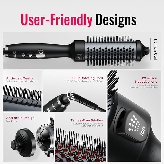 Lena 1.5-Inch Heated Round Brush – Titanium Thermal Styling Brush with Ionic & Infrared Technology, 5 Heat Settings & LED Display - Electronics with | Sold by Uncle Wiener's Wholesale