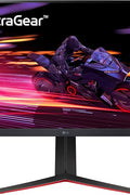 Front view of LG 32" UltraGear Gaming Monitor showing QHD gameplay visuals

Side/back view of LG UltraGear monitor showing ports and RGB design