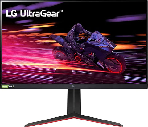 Front view of LG 32" UltraGear Gaming Monitor showing QHD gameplay visuals

Side/back view of LG UltraGear monitor showing ports and RGB design