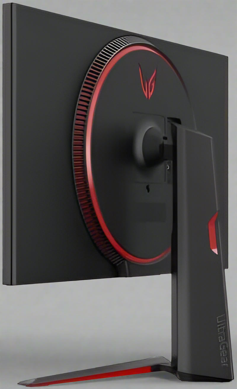Front view of LG 32" UltraGear Gaming Monitor showing QHD gameplay visuals

Side/back view of LG UltraGear monitor showing ports and RGB design