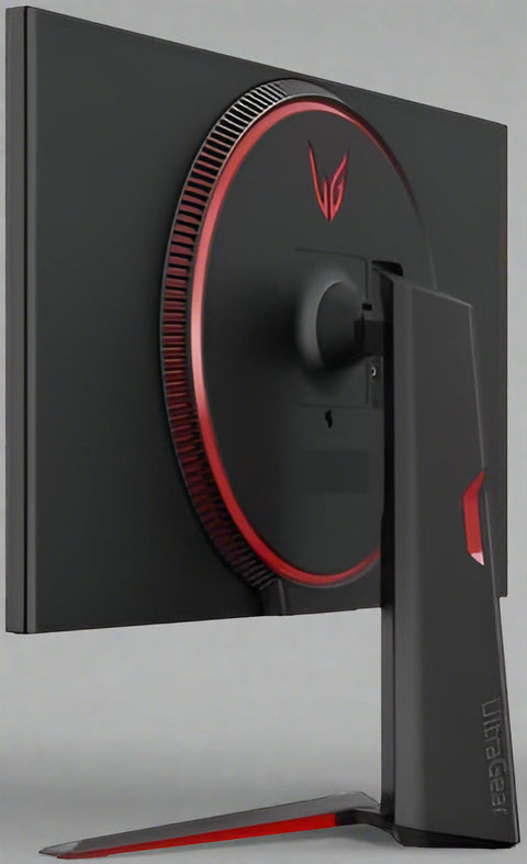 Front view of LG 32" UltraGear Gaming Monitor showing QHD gameplay visuals

Side/back view of LG UltraGear monitor showing ports and RGB design