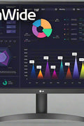 Front view of LG 34” UltraWide monitor showing HDR graphics

Back side of LG 34WQ500-B monitor with VESA mount

LG UltraWide monitor side profile

Multitasking screen with split window feature