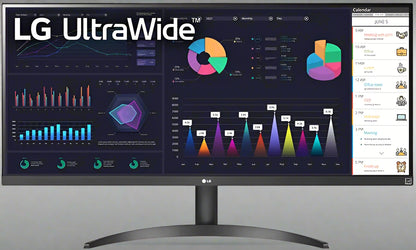 Front view of LG 34” UltraWide monitor showing HDR graphics

Back side of LG 34WQ500-B monitor with VESA mount

LG UltraWide monitor side profile

Multitasking screen with split window feature