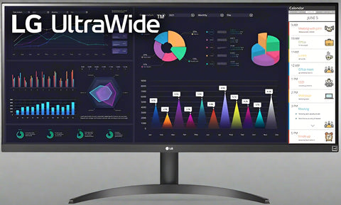 Front view of LG 34” UltraWide monitor showing HDR graphics

Back side of LG 34WQ500-B monitor with VESA mount

LG UltraWide monitor side profile

Multitasking screen with split window feature
