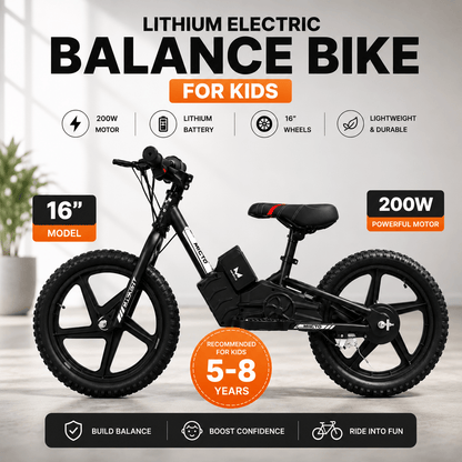 Lithium Electric Balance Bike for Kids – 100W & 200W Motor, 12" & 16" Wheels - General Equipment with 200 WATT 21V | Sold by Uncle Wiener's Wholesale