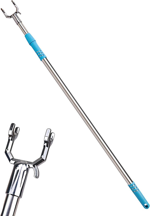 LLHQAMT Telescopic Clothing Pole with Hooks, Blue, 59.1 inches, Stainless Steel & Aluminum, Brushed Silver Finish, Textured Plastic Handle - with | Sold by Uncle Wiener's Wholesale