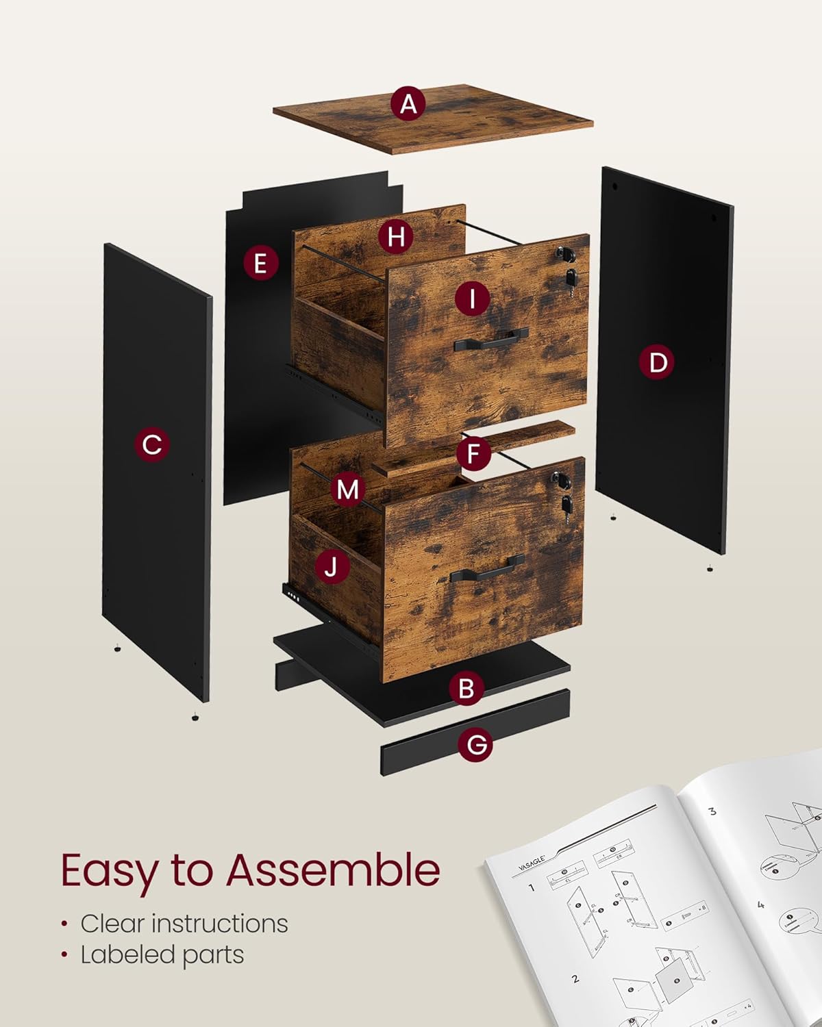 Lockable 2 Drawer File Cabinet with Hanging File Storage, Vertical Filing Cabinet and Printer Stand for A4 and Letter Size Documents OFC061 Series - with Rustic Brown and Ink Black | Sold by Uncle Wiener's Wholesale