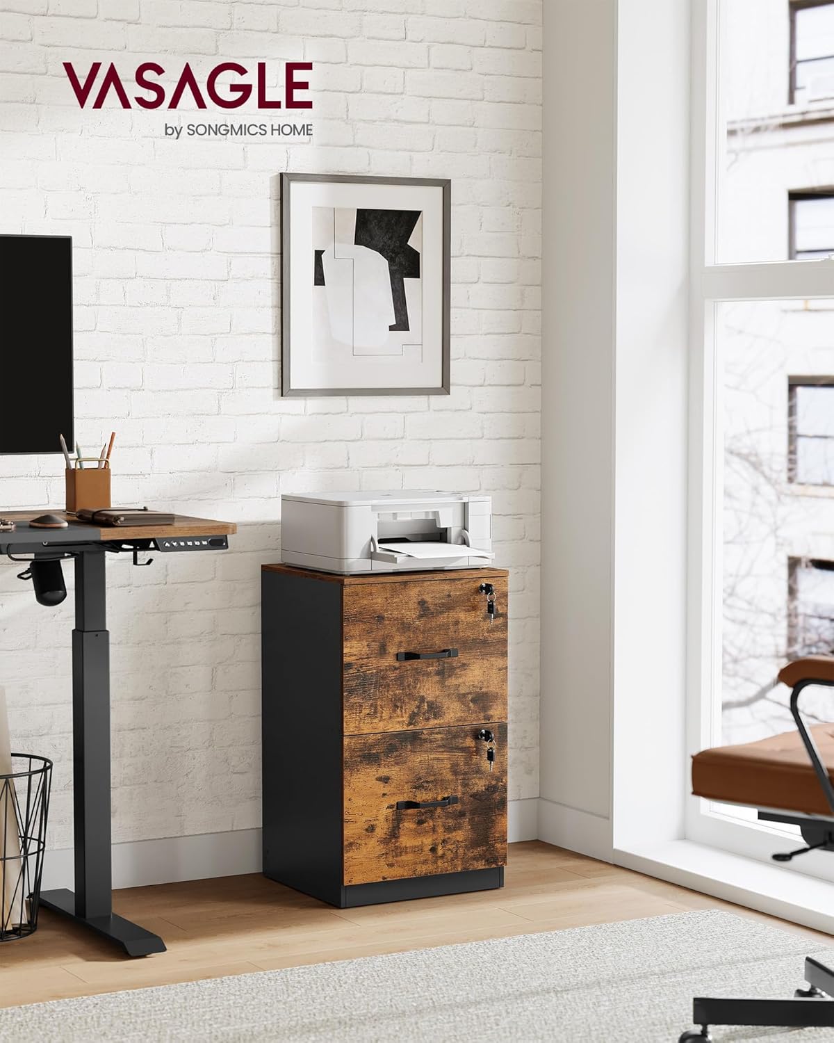 Lockable 2 Drawer File Cabinet with Hanging File Storage, Vertical Filing Cabinet and Printer Stand for A4 and Letter Size Documents OFC061 Series - with Rustic Brown and Ink Black | Sold by Uncle Wiener's Wholesale