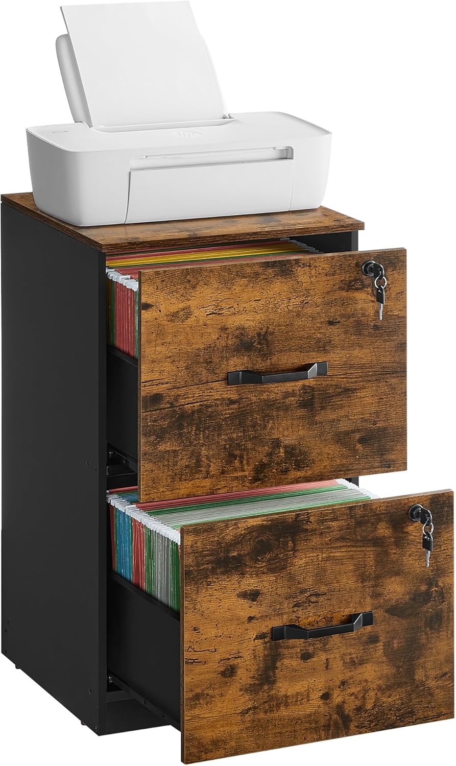 Lockable 2 Drawer File Cabinet with Hanging File Storage, Vertical Filing Cabinet and Printer Stand for A4 and Letter Size Documents OFC061 Series - with Rustic Brown and Ink Black | Sold by Uncle Wiener's Wholesale