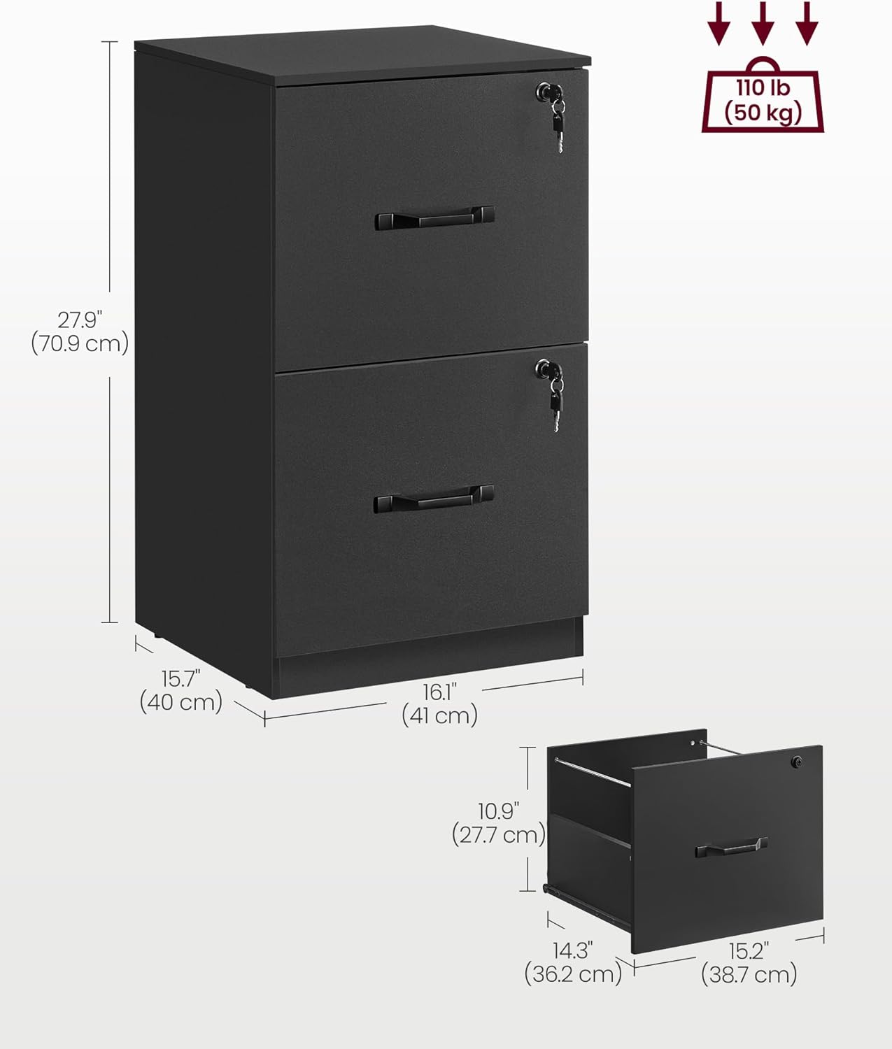 Lockable 2 Drawer File Cabinet with Hanging File Storage, Vertical Filing Cabinet and Printer Stand for A4 and Letter Size Documents OFC061 Series - with Ink Black | Sold by Uncle Wiener's Wholesale