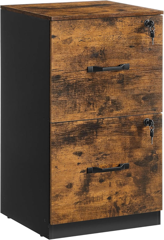 Lockable 2 Drawer File Cabinet with Hanging File Storage, Vertical Filing Cabinet and Printer Stand for A4 and Letter Size Documents OFC061 Series - with Rustic Brown and Ink Black | Sold by Uncle Wiener's Wholesale