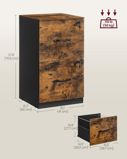 Lockable 2 Drawer File Cabinet with Hanging File Storage, Vertical Filing Cabinet and Printer Stand for A4 and Letter Size Documents OFC061 Series - with Rustic Brown and Ink Black | Sold by Uncle Wiener's Wholesale