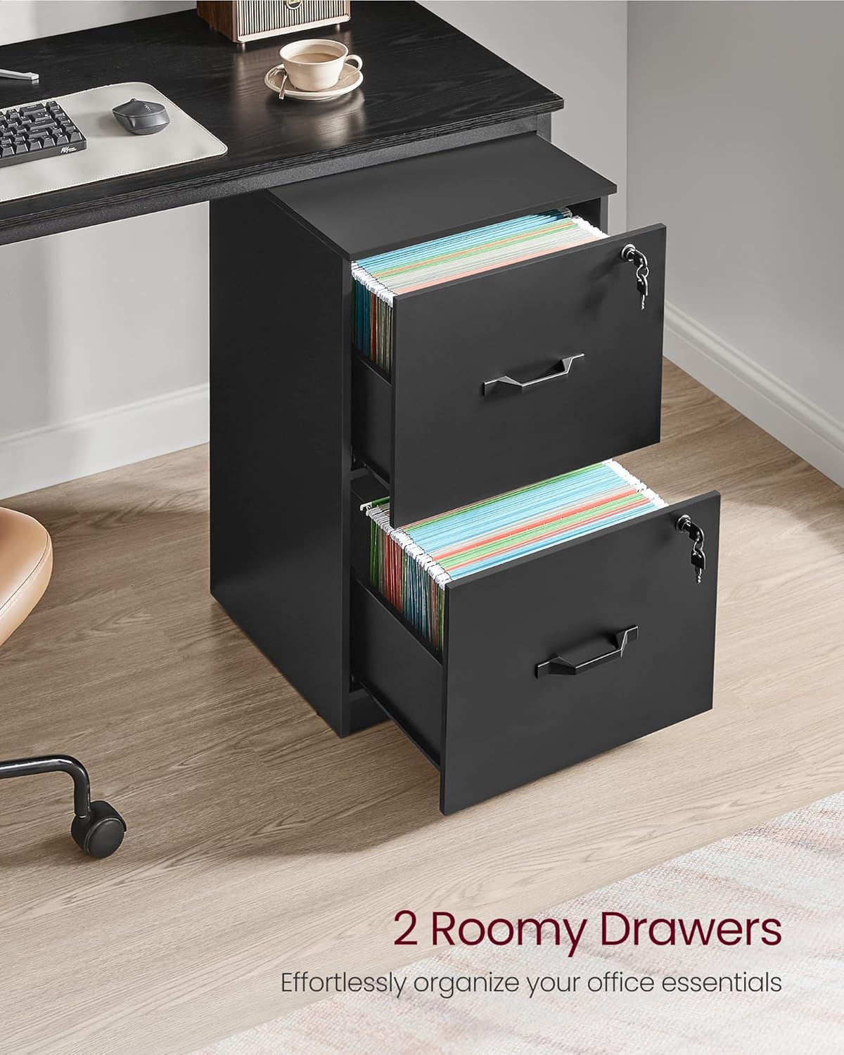 Lockable 2 Drawer File Cabinet with Hanging File Storage, Vertical Filing Cabinet and Printer Stand for A4 and Letter Size Documents OFC061 Series - with Ink Black | Sold by Uncle Wiener's Wholesale