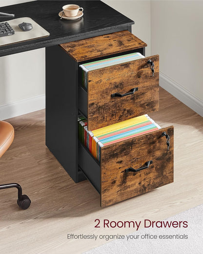 Lockable 2 Drawer File Cabinet with Hanging File Storage, Vertical Filing Cabinet and Printer Stand for A4 and Letter Size Documents OFC061 Series - with Rustic Brown and Ink Black | Sold by Uncle Wiener's Wholesale