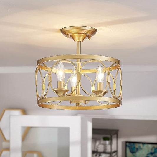 LOOYD Gold Semi Flush Mount Ceiling Light – Vintage Metal Ceiling Fixture for Kitchen, Bedroom & Hallway - Furniture with 3 | Sold by Uncle Wiener's Wholesale