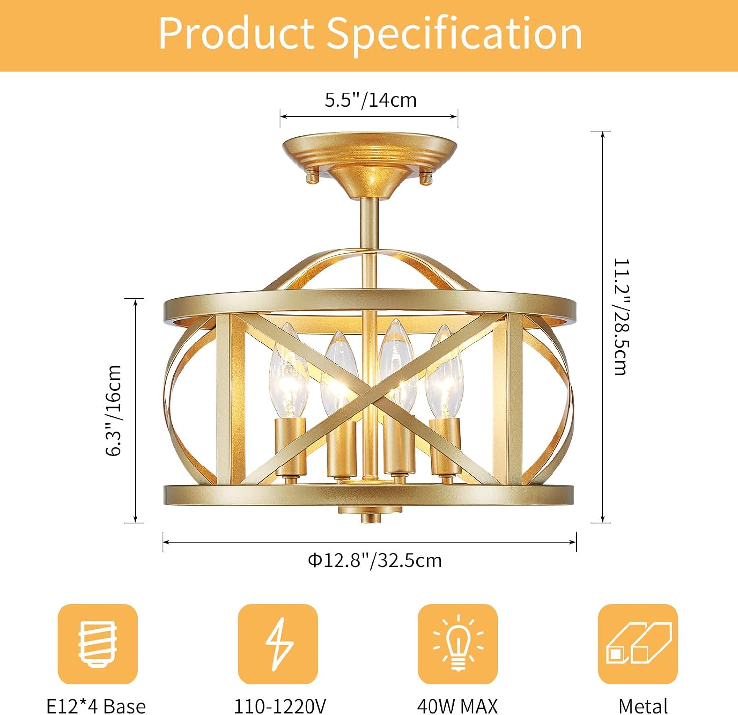 LOOYD Gold Semi Flush Mount Ceiling Light – Vintage Metal Ceiling Fixture for Kitchen, Bedroom & Hallway - Furniture with 4 | Sold by Uncle Wiener's Wholesale